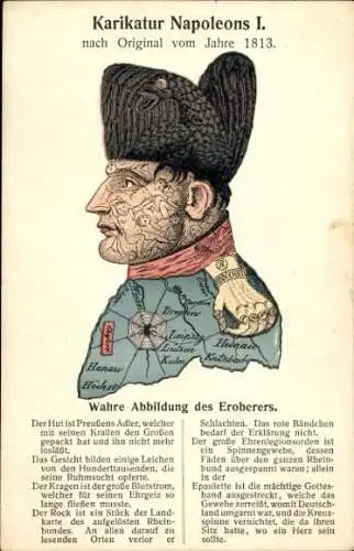 Ak Karikatur Napoleons I, Metamorphose, Leichen, Spinnennetz