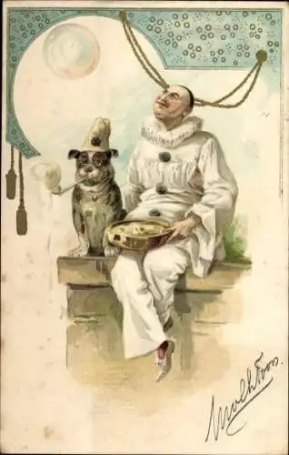 Präge Litho Harlekin und Hund, Seifenblasen