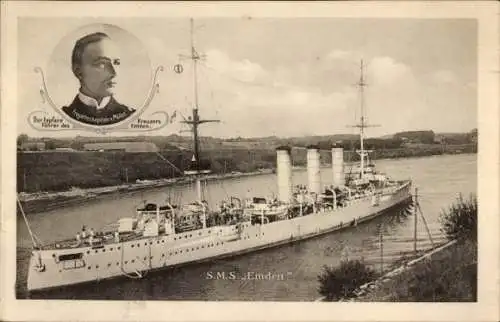 Ak Deutsches Kriegsschiff, SMS Emden, Kaiserliche Marine, Kapitän Karl von Müller