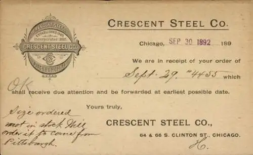 Vorläufer Ak Chicago Illinois USA, Crescent Steel Co., Order receipt, 1892