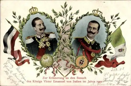 Ak Kaiser Wilhelm II., König Viktor Emanuel III. von Italien, Staatsbesuch 1902