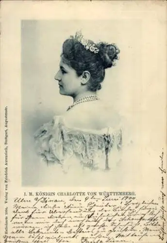 Präge Passepartout Ak Königin Charlotte von Württemberg, Rückenansicht