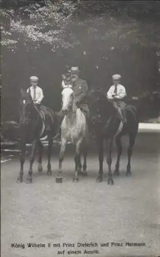 Ak König Wilhelm II. von Württemberg, Prinz Dieterich, Prinz Hermann, Ausritt