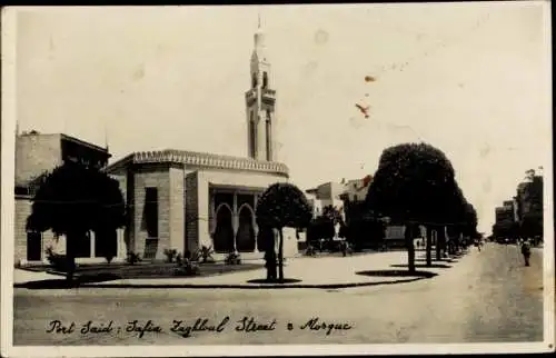 Ak Port Said Ägypten, Safia Zaghloul Street und Moschee, Moschee, Minarett