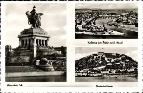 Ak Koblenz am Rhein, Deutsches Eck, Ehrenbreitstein, Rhein, Mosel, Denkmal Kaiser Wilhelm I.