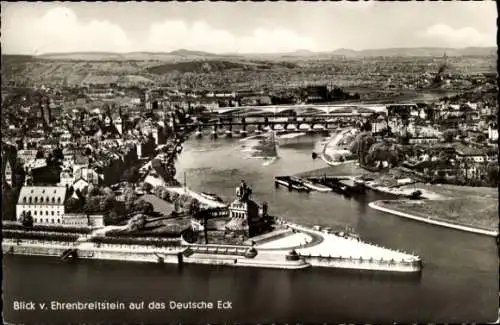 Ak Koblenz am Rhein, Blick von Ehrenbreitstein zum Deutschen Eck