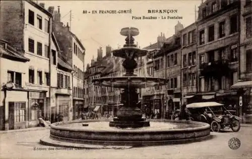 Ak Besançon Doubs, Place Bacchus, Brunnen