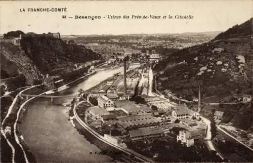 Ak Besançon Doubs, Panorama, Usines des Pres-de-Vaux, Zitadelle