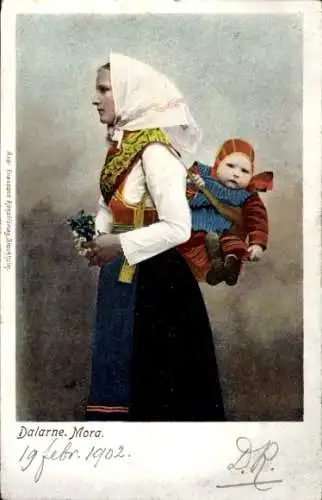 Ak Dalarne, Frau in schwedischer Tracht, Kind