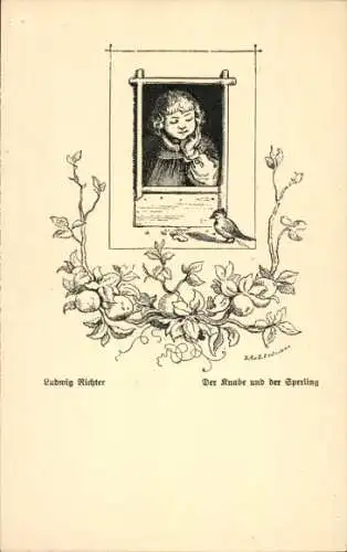 Künstler Ak Richter, L., Fabel, Knabe und Sperling