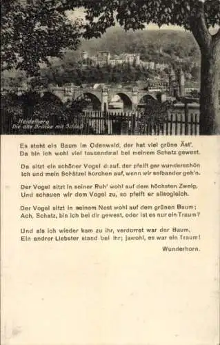 Ak Heidelberg am Neckar, Alte Brücke, Schloss, Gedicht Wunderhorn