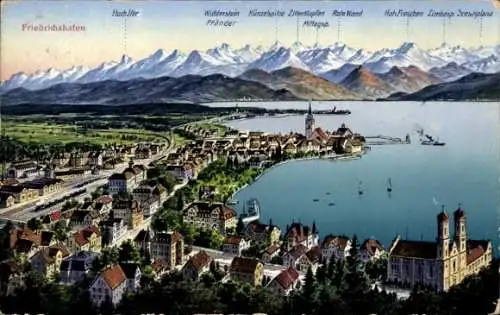 Ak Friedrichshafen am Bodensee, Totalansicht, Gebirge, Widderstein, Künzelspitze, Rote Wand