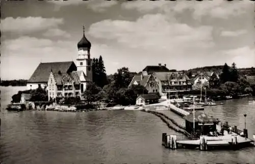 Ak Wasserburg am Bodensee Schwaben, Seegarten-Hotel Krone, Anleger