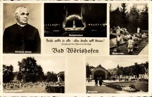 Ak Bad Wörishofen im Unterallgäu, Sebastian Kneipp, Kneippdenkmal, Wassertreten, Kurgarten