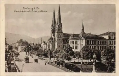 Ak Freiburg im Breisgau, Kaiserbrücke, Johannes-Kirche, Straßenbahn