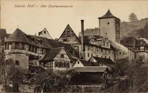 Ak Schwäbisch Hall in Württemberg, alte Stadtmauer, Fachwerkgebäude