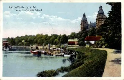 Ak Aschaffenburg in Unterfranken, Alter Hafen, Schloss