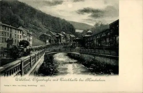 Ak Bad Wildbad im Schwarzwald, Olgastraße, Trinkhalle, Mondschein