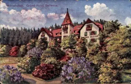 Künstler Ak Bad Wörishofen im Allgäu, Grand Hotel Bellevue, Gartenansicht