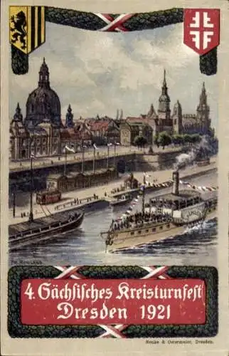 Künstler Ak Dresden Altstadt, Frauenkirche, 4. Sächsisches Kreisturnfest 1921, Dampfer Sachsen