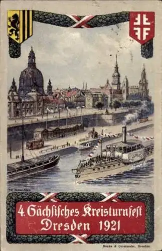 Künstler Ak Dresden Altstadt, Frauenkirche, 4. Sächsisches Kreisturnfest 1921, Dampfer Sachsen