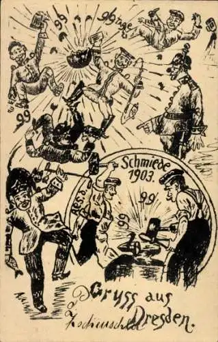 Künstler Ak Dresden Altstadt, betrunkene Soldaten, Humor, Schmiede, 1903
