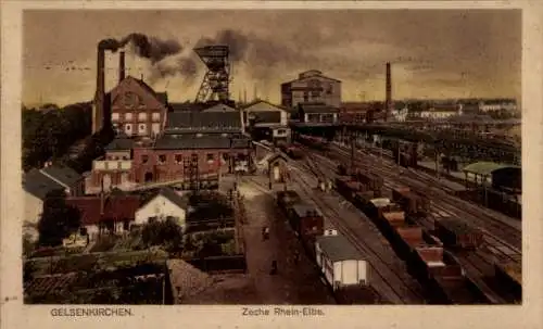 Ak Gelsenkirchen im Ruhrgebiet, Zeche Rhein Elbe, Bahnhof, Gleisseite