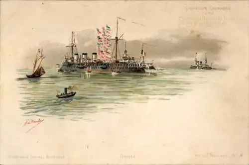 Künstler Litho Französisches Kriegsschiff, Segelboot, Dampfer