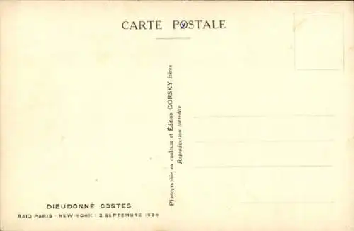 Ak Dieudonné Costes, Paris-New York Raid mit 1:2. September 1930