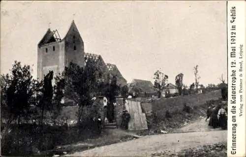 Ak Sehlis Taucha in Nordsachsen, Tornado vom 12. Mai 1912, Abgetragene Dächer, Kirche