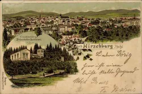 Litho Jelenia Góra Hirschberg Riesengebirge Schlesien, Totale, Cavalierberg, Felsenkeller-Restaurant