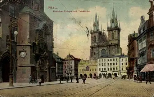 Ak Praha Prag, Altstädter Rathaus und Teinkirche, Astronomische Uhr