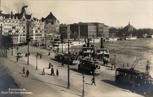 Ak Stockholm Schweden, Blick von derOpernterrassen, Straßenbahnen, Dampfer