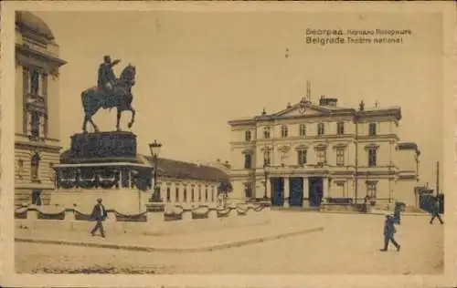 Ak Beograd Belgrad Serbien, National Theater mit Denkmal