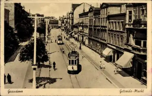 Ak Grudziądz Graudenz Westpreußen, Getreide-Markt, Straßenbahnen