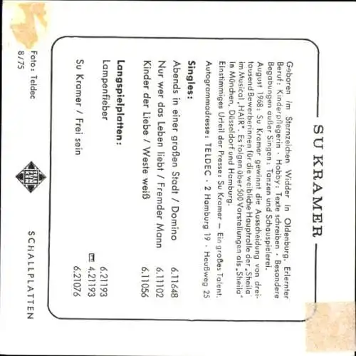 Autogrammkarte Sängerin Su Kramer, Portrait, Telefunken, Autogramm