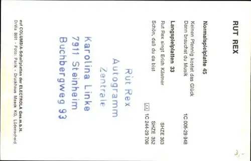 Ak Sängerin Rut Rex, Portrait, Autogramm