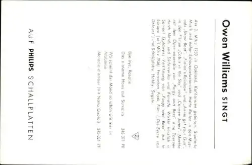 Ak Sänger Owen Williams, Zigarette, Portrait, Autogramm