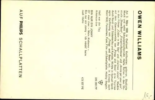 Ak Sänger Owen Williams, Klavier, Mikrofon, Portrait, Autogramm