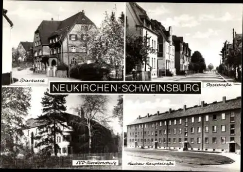 Ak Schweinsburg Neukirchen Pleiße, Sparkasse, Poststraße, SED Sonderschule, Neubau Hauptstraße