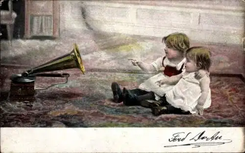 Ak Kinder vor einem Grammophon