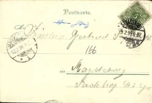 Litho Wanderer und Leierkastenmann, Wegweiser Frankfurt und Seckbach, Radfahrer