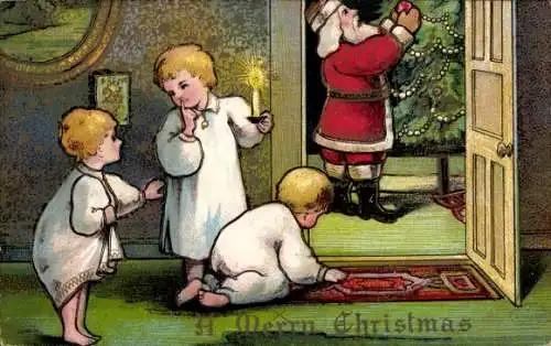 Präge Ak Glückwunsch Weihnachten, Kinder beobachten den Weihnachtsmann