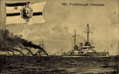 Ak Deutsche Kriegsschiffe, Mit Volldampf voraus, Fahne, Kaiser Wilhelm II.