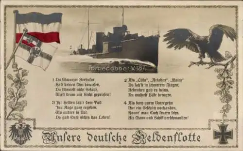 Ak Deutsches Kriegsschiff, V 187, Torpedoboot, Unsere deutsche Heldenflotte