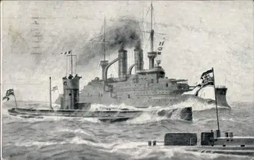 Ak Deutsches U Boot, U-Boot vor einem Linienschiff, U-Boot-Spende 1917