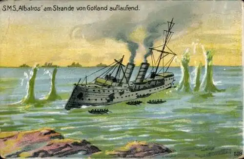 Künstler Ak Deutsches Kriegsschiff, SMS Albatros am Strand von Gotland auflaufend