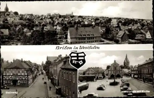 Ak Brilon im Sauerland, Marktplatz, Brunnen, Wappen, Kirche, Steinweg, Fachwerkhaus