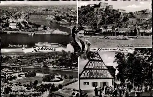 Ak Koblenz am Rhein, Deutsches Eck, Festung Ehrenbreitstein, Schloss, Weindorf