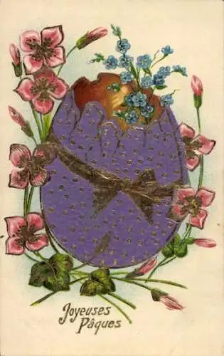 Präge Litho Glückwunsch Ostern, Lila Osterei, Blüten